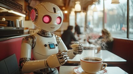 A robot waitress serving a steaming cup of coffee to a patron in a retro-futuristic diner, showcasing the blend of technology and classic service.