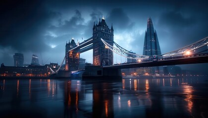 Obraz premium Tower bridge with dramatic lighting, grand and iconic, Urban, Cool tones, Photograph, Architectural marvel
