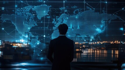 A businessman stands in front of a digital world map with glowing nodes and lines, representing global connectivity and communication.