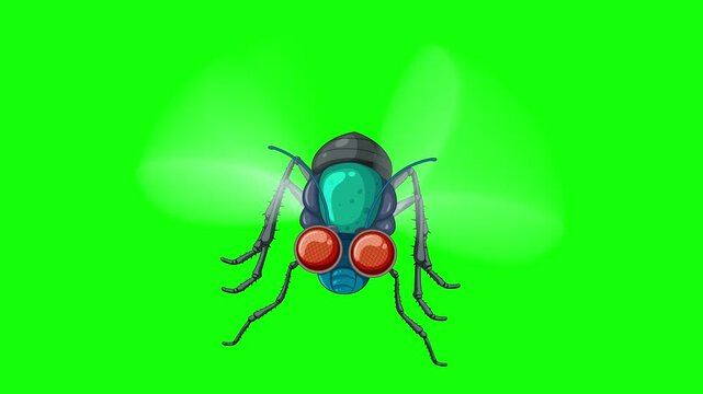 Cartoon fly, 2D animation, front view, green chroma key background.