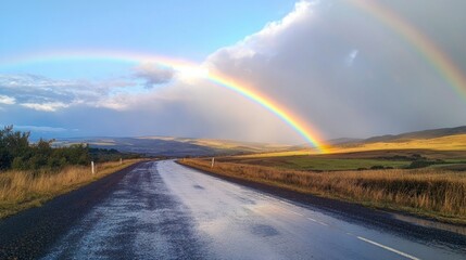 A rainbow forming above a quiet rural road, with rain-soaked pavement reflecting the colors and rolling hills in the distance