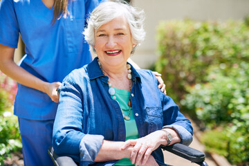 Elderly, woman and wheelchair with portrait in garden at retirement home for comfort,...