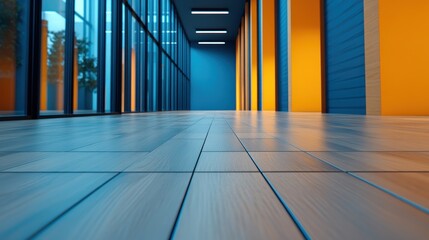 Obraz premium Modern Office Interior with Blue and Yellow Walls Wooden Floor