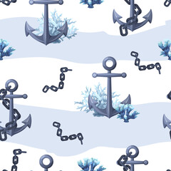 Naklejka premium Anchors, coral, and chains arranged in a seamless pattern on a white background with light blue waves. Concept of nautical and marine life. Vector illustration