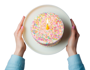PNG Hands holding birthday cake with candle on plate sprinkles dessert food.