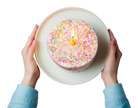 PNG Hands holding birthday cake with candle on plate sprinkles dessert food. - Powered by Adobe