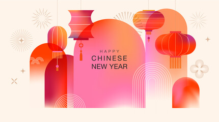 Chinese new year 2025 year of the Snake. Colorful gradient design with abstract forms, geometric shapes and lanterns illustration. Red traditional Chinese vector design. Lunar new year concept