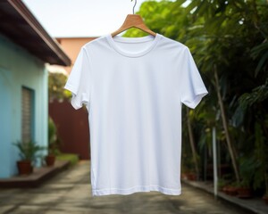 Mock up of a white T-shirt hanging on hangers in the courtyard of a house among green plants