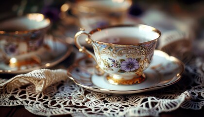 Fototapeta premium Vintage teacups on a lace tablecloth, elegant and nostalgic, Vintage, Soft hues, Photograph, Afternoon tea