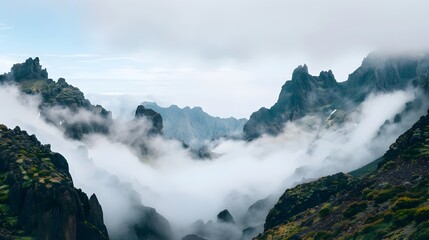 Fog rolling through a mountain pass, foggy weather, mysterious and silent