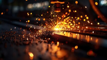 Fototapeta premium Welding sparks in a workshop, dynamic and rugged, Industrial, Warm tones, Photograph, Industrial detail