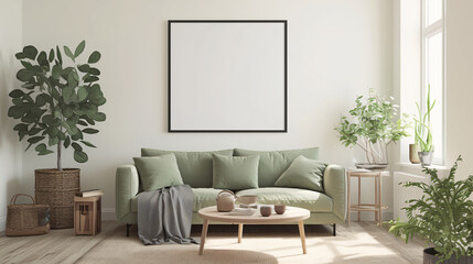 A modern living room featuring a soft green sofa adorned with cushions, a round coffee table with decorative items, and large plants beside a blank wall ready for artwork