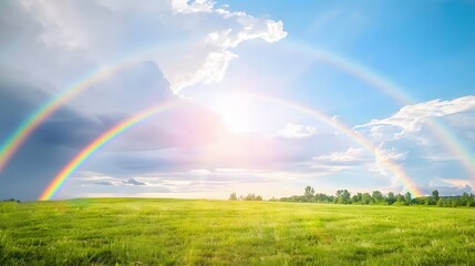 Obraz premium Bright rainbow over a rural landscape after a rainstorm