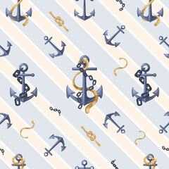 Nautical pattern featuring various anchors and ropes on a diagonal striped background. Vector illustration © GN.STUDIO