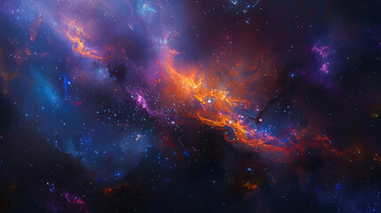 A stunning cosmic artwork showcasing vibrant nebulas in shades of purple, blue, and orange, with stars twinkling amidst swirling clouds of gas in deep space, creating a captivating galactic scene.