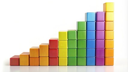 Ascending towers of vibrantly hued blocks against a crisp white backdrop, a visual representation of incremental