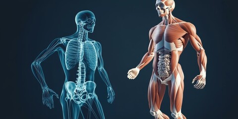Human anatomy, skeleton and musculature.