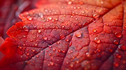 Fototapeta premium close-up of vibrant red autumn leaf with delicate veins and water droplets 