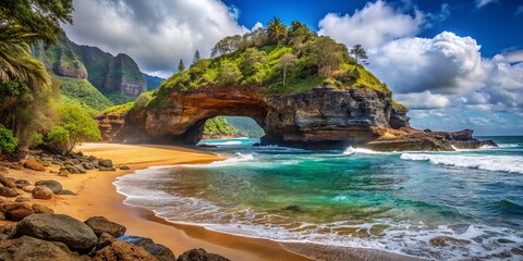 A secluded beach on Kauai's rugged coast boasts a breathtaking rock arch, weathered by the ocean's relentless force