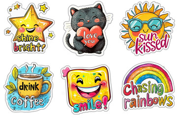 Fototapeta premium Positive sticker set. Cartoon illustration of inspirational quotes, optimistic messages. Motivational stickers for planners