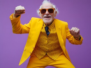 Energetic senior man in bright yellow suit dancing, wearing sunglasses, purple background	