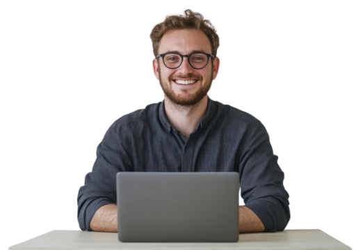 PNG Smiling man with laptop glasses background happy.