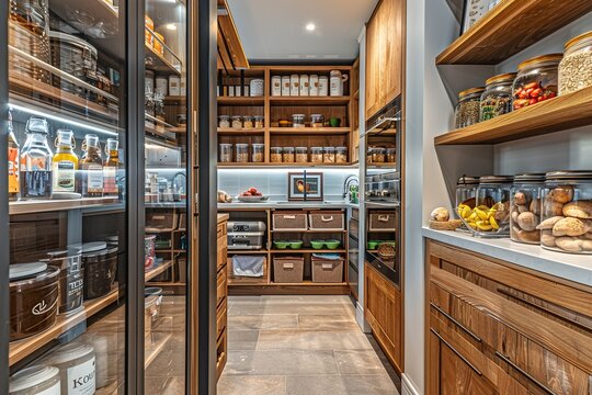 A contemporary kitchen pantry with glass doors, labeled jars, and pull-out shelves, ensuring everything is easily accessible and visually appealing.