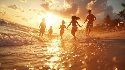 A joyful sunset scene of children playing by the ocean, creating lasting memories on a warm, sandy beach.
