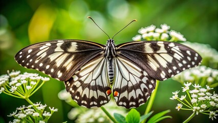 Fototapeta premium A slender butterfly with jet black wings and delicate white markings sat serenely on a sunflower, its beauty