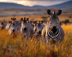 Obraz premium Zebra herd in a grassy plain, dynamic and natural, Nature, Earth tones, Photograph, Wildlife scene