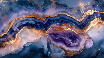 Obraz premium Purple blue and gold veined Marbling agate banner image