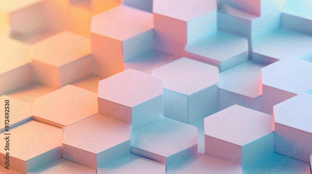 Poster a three-dimensional rendering of hexagonal shapes softly illuminated in pastel colors, creating a mo