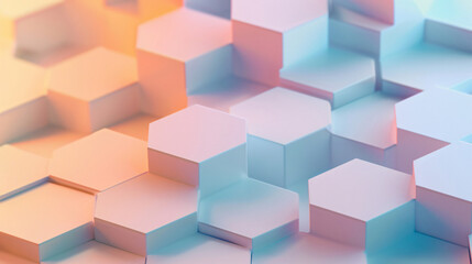 Obraz premium A three-dimensional rendering of hexagonal shapes softly illuminated in pastel colors, creating a modern, geometric visual effect that is ideal for contemporary design projects.