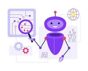 Robotic software testing, QA by artificial intelligence. Smart robot tester searching program bugs. AI-powered search, automatic machinery  processes. Online helper. Isolated flat vector illustration