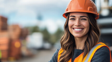 A female construction worker smiles confidently while wearing a hard hat and safety vest, posing at an outdoor job site.