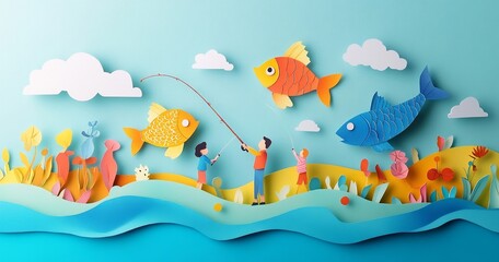 Fototapeta premium Whimsical Paper Art Fishing Scene With Colorful Fish And Nature