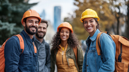 Fototapeta premium A diverse group of young construction workers wearing hard hats smile while gathered outdoors, showcasing teamwork and camaraderie.