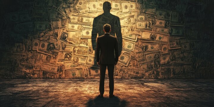 Man standing in front of wall of money.