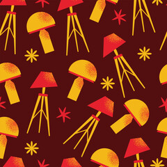 Seamless pattern with lamps. Flat vector nightlights, floor lamp, and lamp for table. Different colourful interior light furniture for modern home decor. Illustration isolated on background