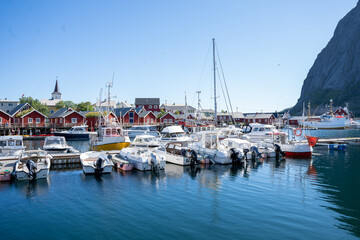 Reine, Norway - 07.07.2024: Yacht marina in Norwegian fishing village Reine, Lofoten Islands