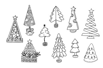 Doodle contour hand drawn Christmas tree set. Different kind of holiday tree made by hands isolated on white background. Holiday hand drawn design for Christmas for coloring pages, stickers