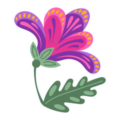 Folk fantasy flower in Mexican style. Botanical contrast flat sticker or embroidery example in Latin American traditional style. Vector clipart isolated on white background for day of the dead holiday