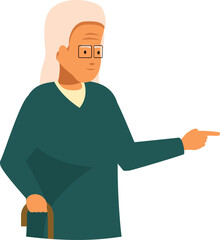 Senior woman with glasses holding a cane and pointing with her finger