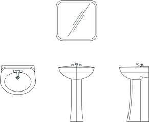 Vector sketch illustration of the silhouette design of a hand washing sink with a size scale looking at various sides