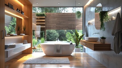 Fototapeta premium A modern bathroom featuring a freestanding bathtub, recessed shelving for towels and toiletries, and a large window allowing natural light to enhance the space's organized simplicity.