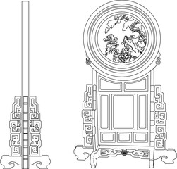 Vector sketch illustration of the silhouette of a classic vintage ethnic room backdrop partition furniture design full of traditional carvings