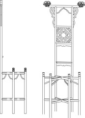 Vector sketch illustration of the silhouette of a classic vintage ethnic room backdrop partition furniture design full of traditional carvings 