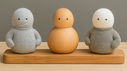 Minimalist Wooden and Fabric Figurines on Display Shelf - Modern Home Decor
