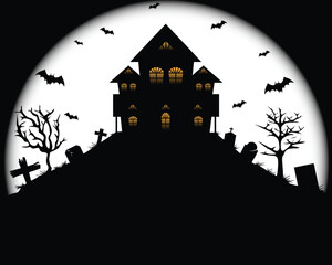 black and white silhouette vector design of a haunted house with orange window lights and a large moon in the background and in the yard there are headstones or graves as well as bats