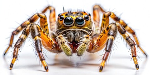 Fototapeta premium A suntiger spider's upturned palps and reflective eyes gleam in close-up, isolation on a pure white surface emphasizing